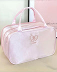 3-Layer Pink Bow Travel Toiletry Bag – Large Capacity Cosmetic Organizer