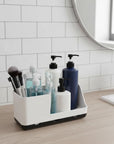 Bathroom Counter Organizer with Toothbrush Holder – Vanity Sink Storage Tray (White)