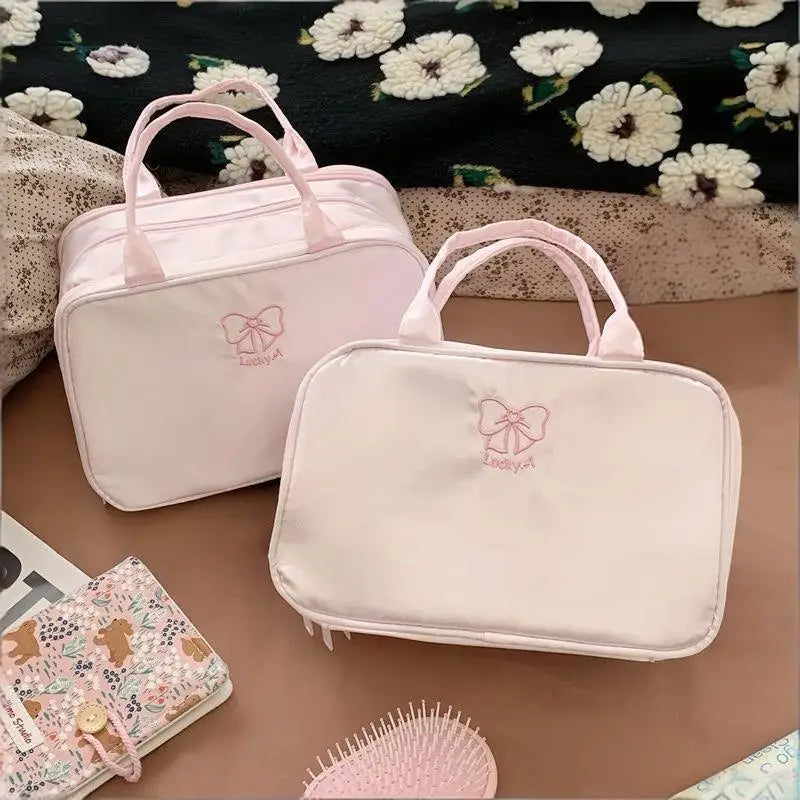 3-Layer Pink Bow Travel Toiletry Bag – Large Capacity Cosmetic Organizer