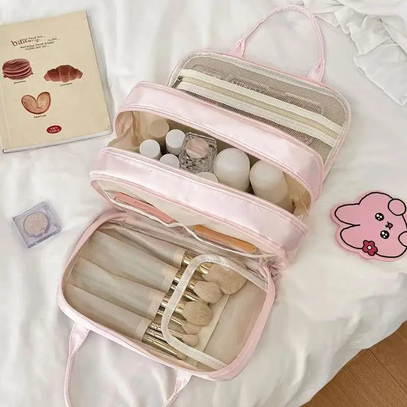 3-Layer Pink Bow Travel Toiletry Bag – Large Capacity Cosmetic Organizer