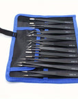 10-Piece Precision Anti-Static Tweezers Set – Stainless Steel with Storage Pouch