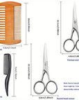 4-Piece Beard Trimmer Kit – Stainless Steel Scissors, Wood Comb & Storage Bag