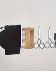 4-Piece Beard Trimmer Kit – Stainless Steel Scissors, Wood Comb & Storage Bag