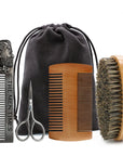 5-Piece Beard Brush & Styling Kit – Boar Bristle Brush, Wood Comb & Scissors