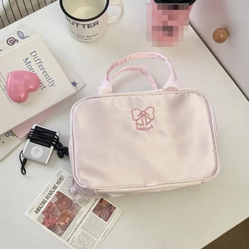 3-Layer Pink Bow Travel Toiletry Bag – Large Capacity Cosmetic Organizer