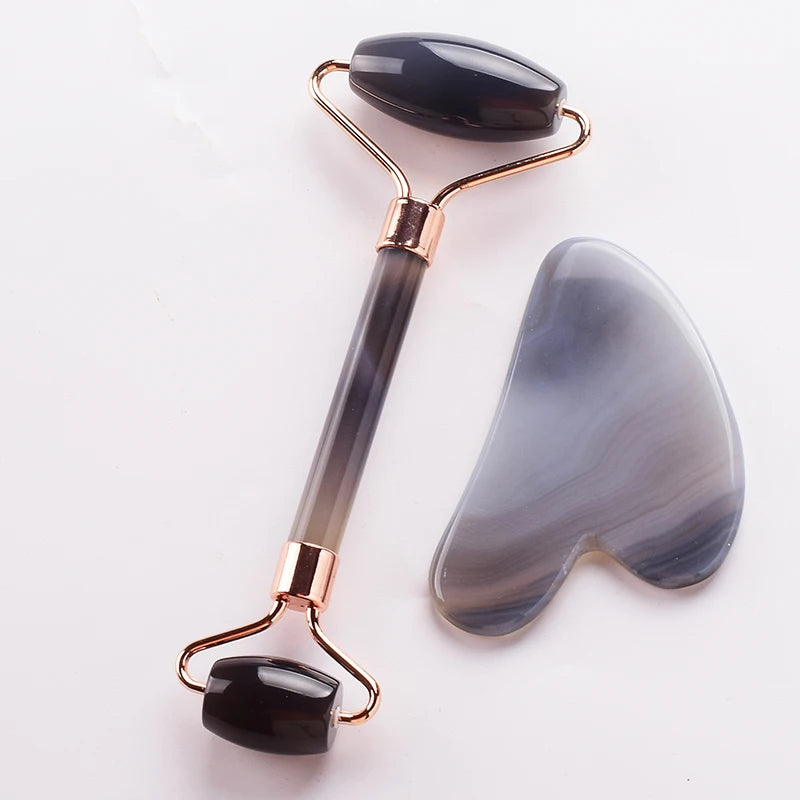 Grey Agate Jade Roller &amp; Gua Sha Scraper – Natural Face &amp; Body Massager
