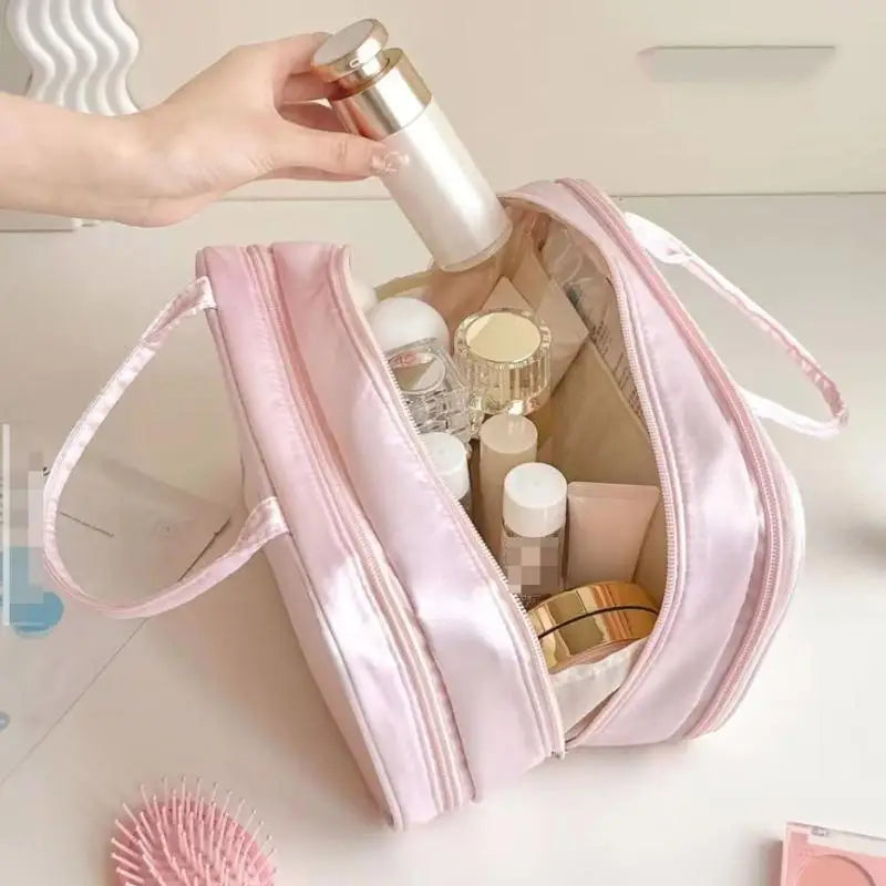 3-Layer Pink Bow Travel Toiletry Bag – Large Capacity Cosmetic Organizer